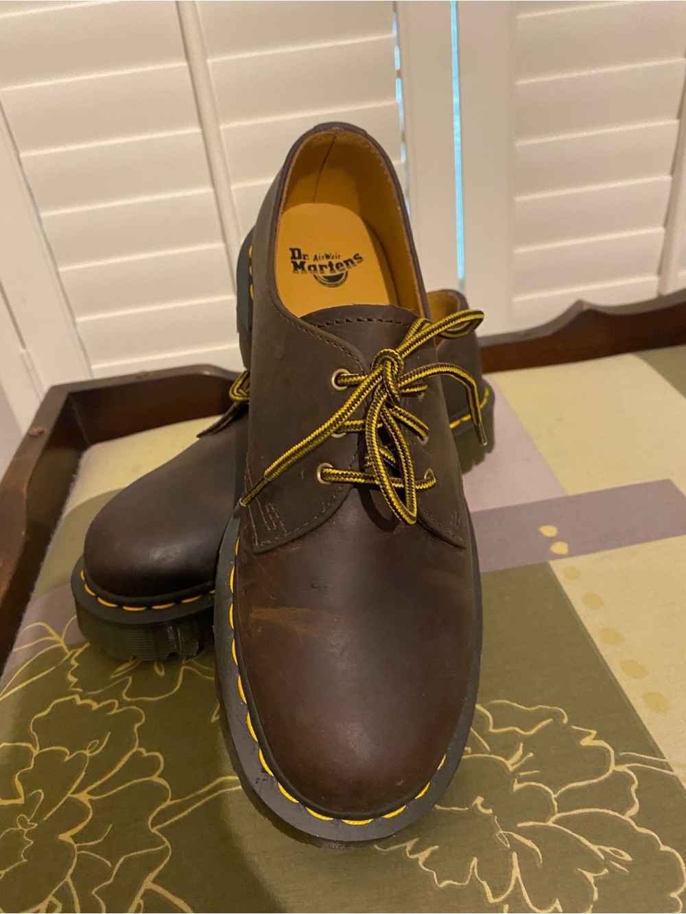 Dr. Martens Dark Brown 3-Eye Leather Derby with Yellow Stitching